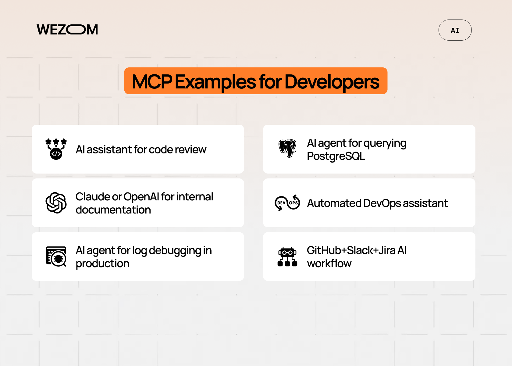 MCP examples for developers featuring AI code review, PostgreSQL querying, DevOps automation, and GitHub workflow integration MCP examples for developers featuring AI code review, PostgreSQL querying, DevOps automation, and GitHub workflow integration
